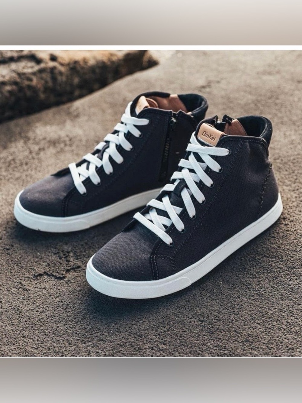 Olukai Pilahi Women's High Top Sneaker, Side Zip, Black, Size 9